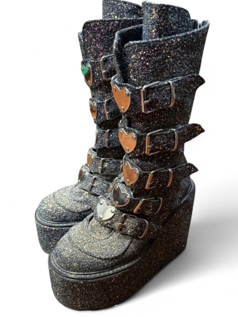 Demonia Swing 230G Glitter Platform Heart Buckle Boots